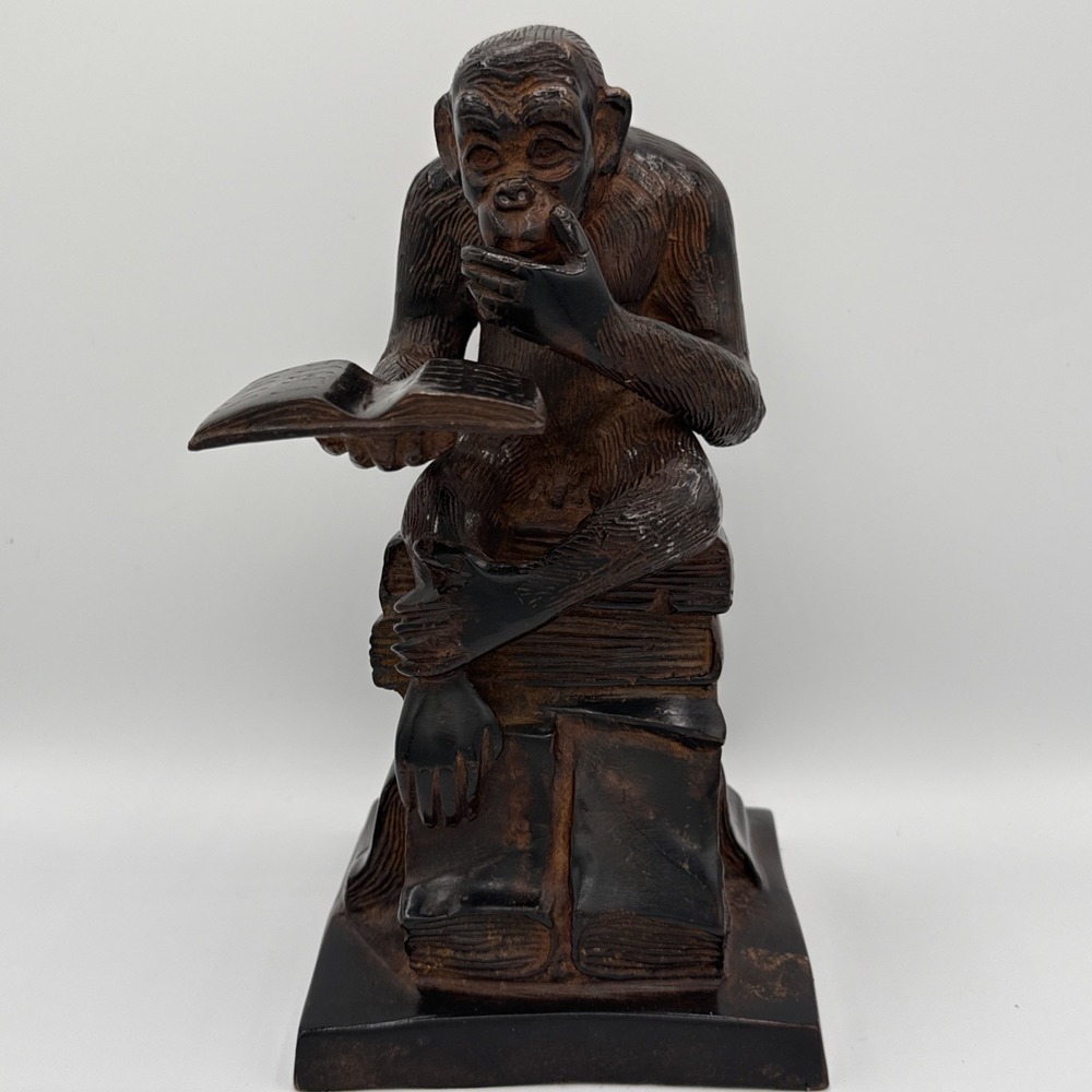 Bronze Figure of Darwin's Monkey Reading Book – Seated Monkey Scholar Sculpture